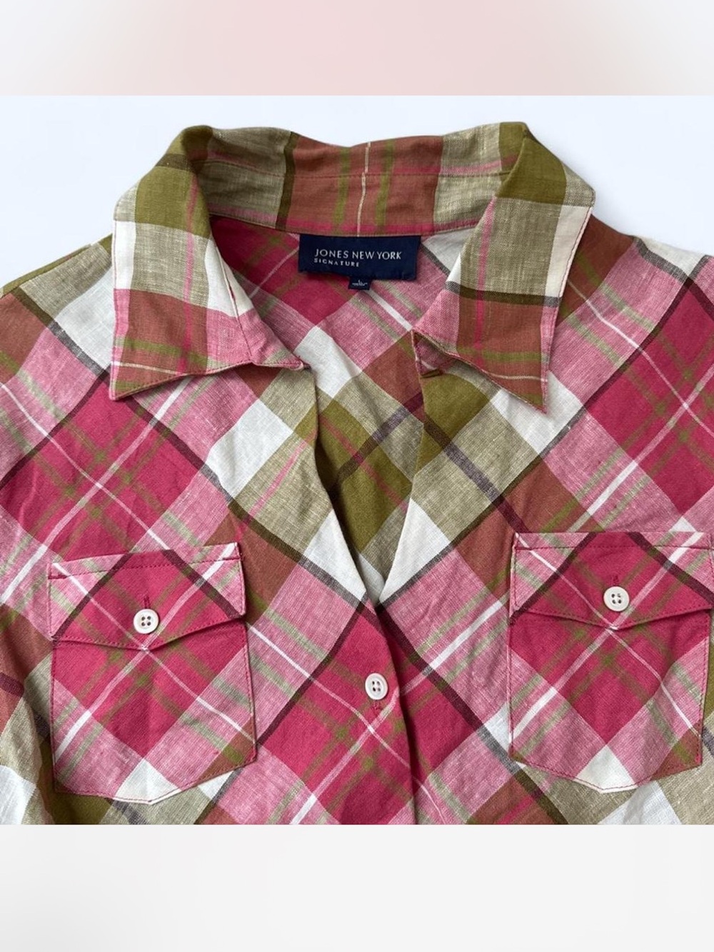 Jones New York Pink, Olive & Cream Plaid Button-Down Shirt